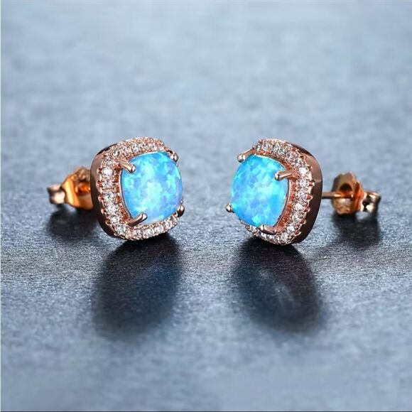 Blue Opal Rose Gold Diamond CZ Embellished Earrings Luxury New In Gift Box - Picture 2 of 5